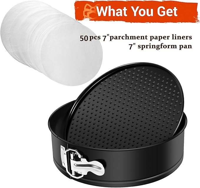 MASSUGAR 7 Inch Springform Pan Nonstick Cheesecake Pan with Removable Bottom/Leakproof - Round Cake Pan with 50 Pcs Parchment Paper Liners - Fits 6 Qt 8 Qt Pressure Cooker