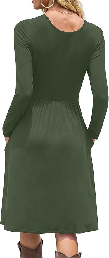 DB MOON Women Casual Long Sleeve Dresses Empire Waist Knee Length Loose Dress with Pockets