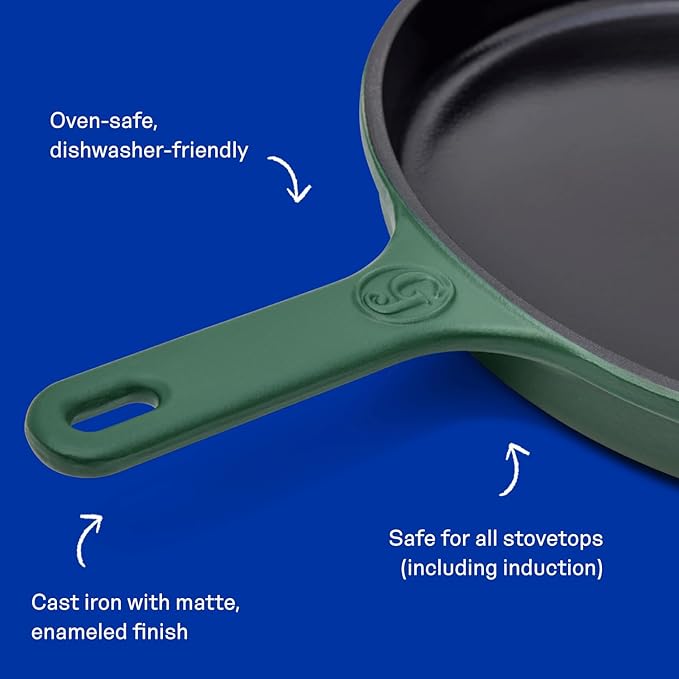 Great Jones King Sear Cast-Iron Skillet (Broccoli, 12") | Enameled for Easy Cleaning | Safe for All Stovetops & Ovens | Perfect for Crispy Chicken, Steak & More | Oven-Safe to 500°F | Hand Wash Only