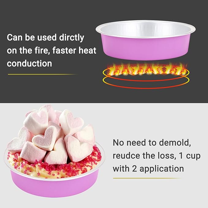 Beasea Disposable Mini Pans with Lids, 100 Pack 4” 8oz Light Pink Aluminum Baking Foil Tins Round Small Tart Container for Individual Cupcake Dessert Muffin Ramekin Cheesecake Quiche Oven Dishes