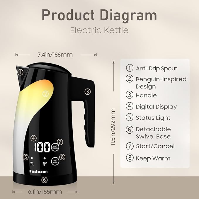 1.25L Cute Penguin Electric Kettle with Temperature Control,2H Keep Warm, Double Wall Cool-Touch,1200W Quiet Boil,BPA-Free,Cordless - Electric Tea Kettle for Home,Office, Kids (Black)