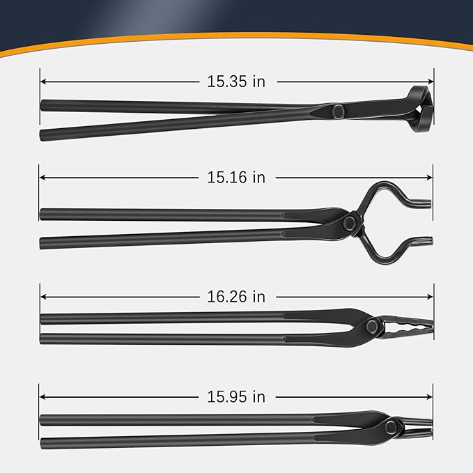 Blacksmith Tongs Knife Making Tongs Set V-Bit Blade Tongs, Flat Tongs, Blade Tongs, Wolf Jaw Tongs, Assembled Blacksmithing Bladesmith Steel Forge Tongs (4PCS)