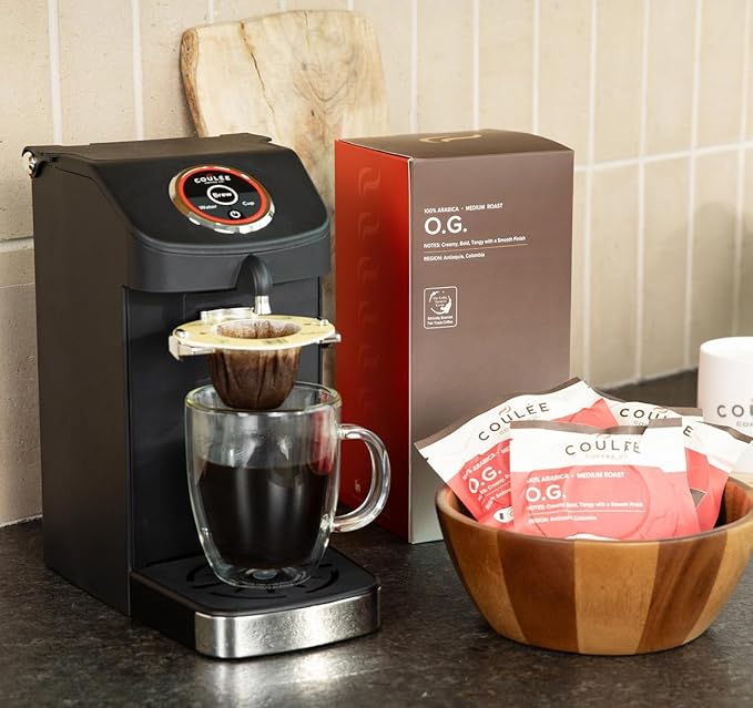 Coulée EcoPour O.G. Coffee, Single Serve Pour Over Colombian Coffee, Medium Roast, Use for Camping or Traveling, Pre Filled Compostable Filters, Ready to Brew with Hot Water, 20 Pack