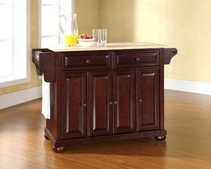 Crosley Furniture Alexandria Wood Top Rolling Kitchen Island Storage Cart, Microwave Stand, Spice Rack, Mahogany