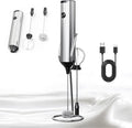 Rechargeable Milk Frother with Stand, 3 Speeds Drink Mixer Handheld with 2 Heads, Electric Frother Wand for Coffee, Latte, Cappuccino, Hot Chocolate, Matcha and Egg Mini Frother, Silver