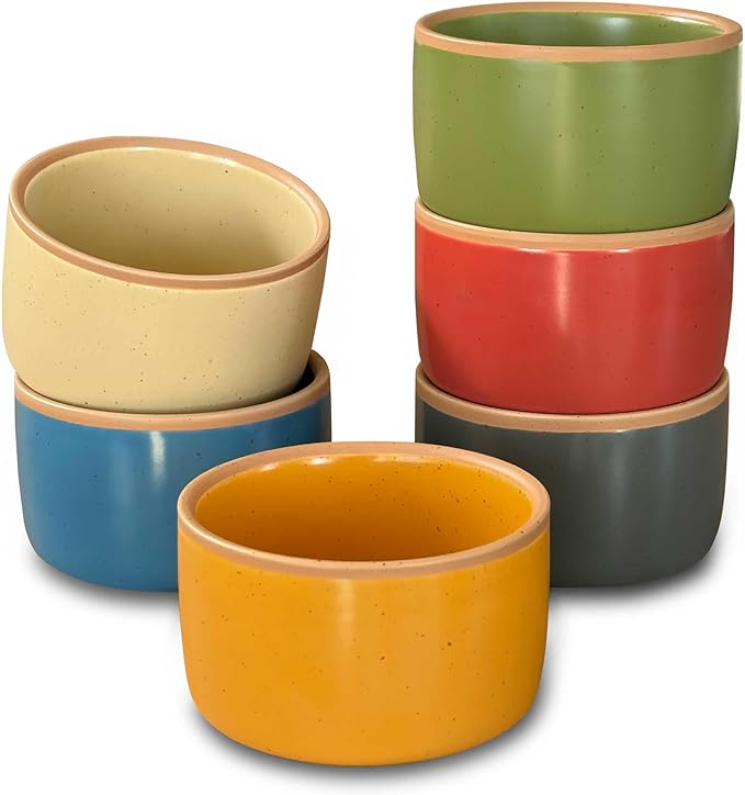 Mora Ceramic Ramekins - 4oz, Set of 6 - Small Oven Safe Baking Dishes/Cups - For Personal Pudding, Creme Brulee, Souffle, Serving Dip, Custard, Ice Cream - Single Mini Bowls - Artisan Colors