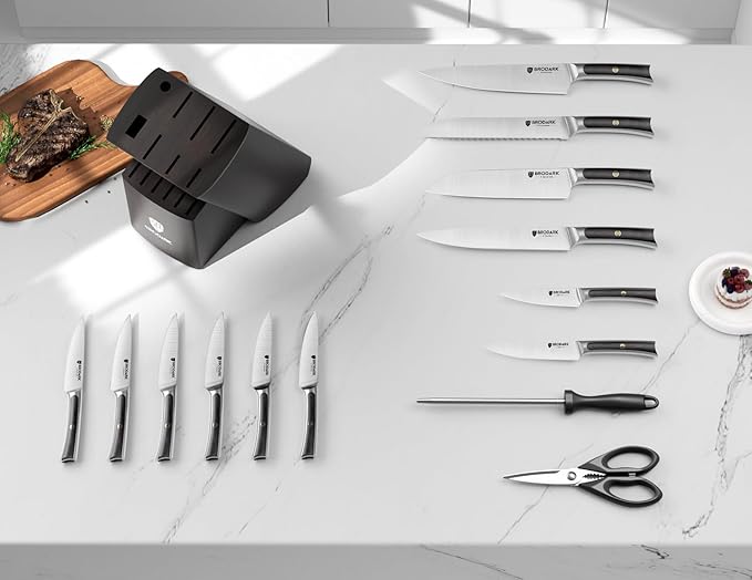 BRODARK Kitchen Knife Set with Block and Sharpener,15 PCS High Carbon Stainless Steel Knife Block Set, Ergonomic Pakkawood Handle for Christmas Kitchen Cooking