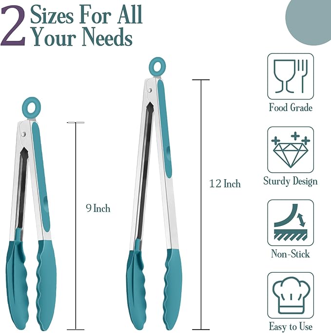 TeamFar Kitchen Tongs, 9" and 12" Stainless Steel Cooking Tongs with Silicone Tips for Cooking Grilling Serving & BBQ, Heat Resistant Silicone Tongs, Locking Design & Dishwasher Safe, Set of 2 & Blue