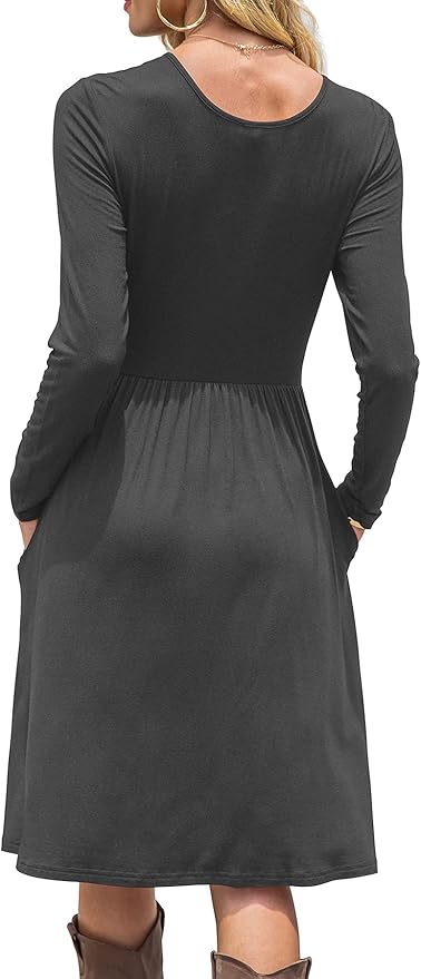 DB MOON Women Casual Long Sleeve Dresses Empire Waist Knee Length Loose Dress with Pockets
