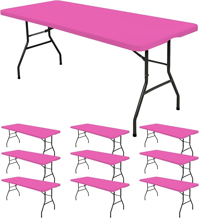 10 Pack Fitted Tablecloth for 6 Foot Rectangle Tables, Hot Pink Elastic Outdoor Picnic Table Cover, Washable Stretch Folding Table Cloths 6 ft for Camping Party Patio Kitchen Banquet, 30" W x 72" L