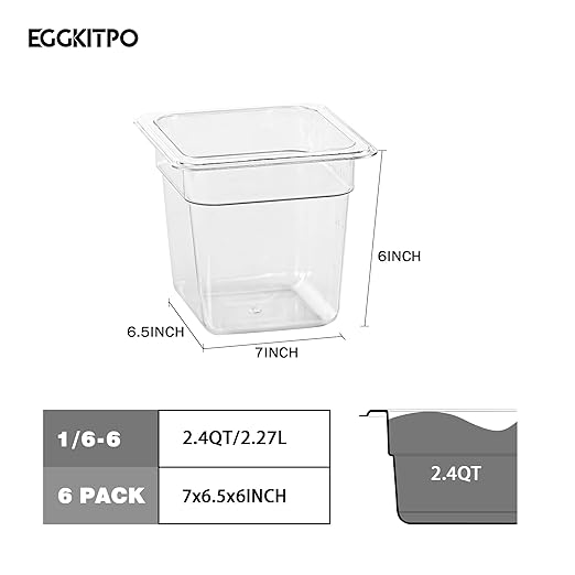 1/6 Size Food Containers 6 Pack 6 Inch Deep Pan Clear BPA free Polycarbonate Stackable Commercial Hotel Pan for Kitchen Business and Food Serving