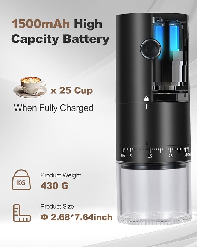 Lamido Portable Electric Coffee Grinder with Ceramic Conical Burr - 38 Adjustable Grind Settings -1500 mAh Battery Rechargeable - Auto-Stop - Washable for Espresso, Pour Over - Travel, Camping (Black)