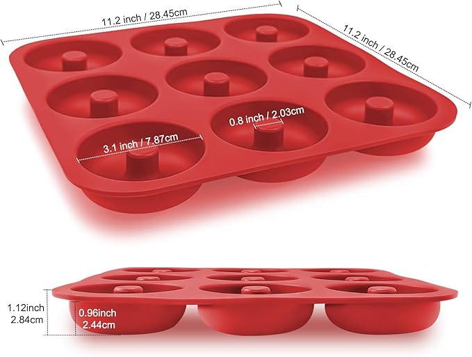 Large Silicone Donut Pan for Baking, 9 Cavity Non-Stick Food Grade Silicone Donut Molds, Doughnut Pan and Bagel Pans for Baking & Kitchen, BPA Free 11.2 x 11.1 Inches, Dishwasher Safe - Bright Red