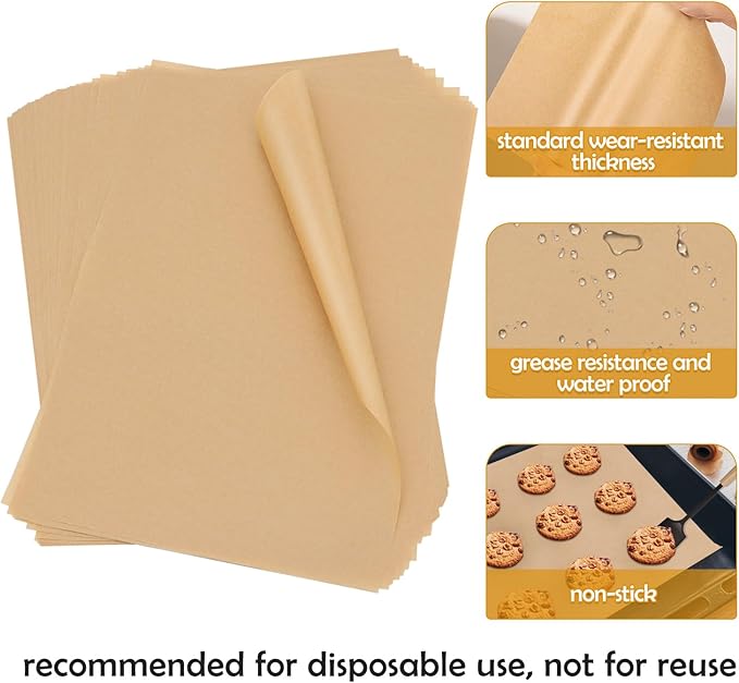 600Pcs Unbleached Parchment Paper Sheets for Baking, 12 x 16 Inch, Non-Stick Precut Half Sheet Parchment Paper for Baking, Cooking, Air Fryer, Oven (brown-12" x 16"-600pack)