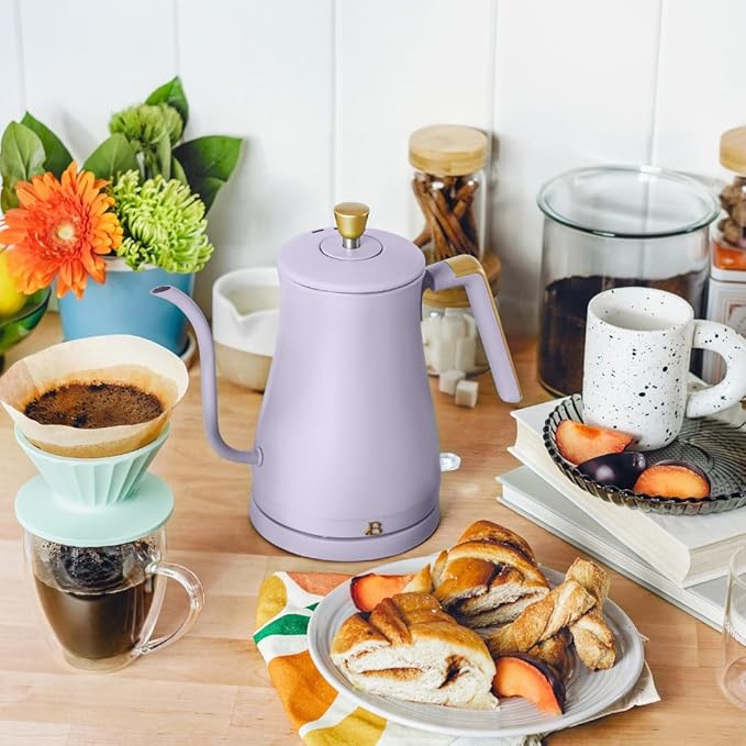 Beautiful 1L Electric Gooseneck Kettle, Precision Pour Spout, 1200W Fast Boil, Auto Shut-Off, Cordless, Stainless Steel, Tea & Coffee Maker with Ergonomic Handle, Matte Finish (Lavender)