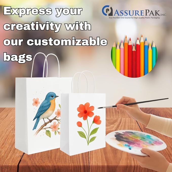 ASSUREPAK DIY Paper Bags - 250 units - White Color - 10"x5"x13"- 60LB (90 GSM strong) - Twisted Handle Recyclable Bags for Kids Drawing, Decorating and Creative Projects - 10513WHITEPAPTHDL