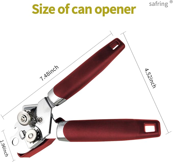 Can Opener Manual, Handheld Strong Heavy Duty Stainless Steel Can Opener, Comfortable Handle, Sharp Blade Smooth Edge, Can Openers with Multifunctional Bottle Opener, Red