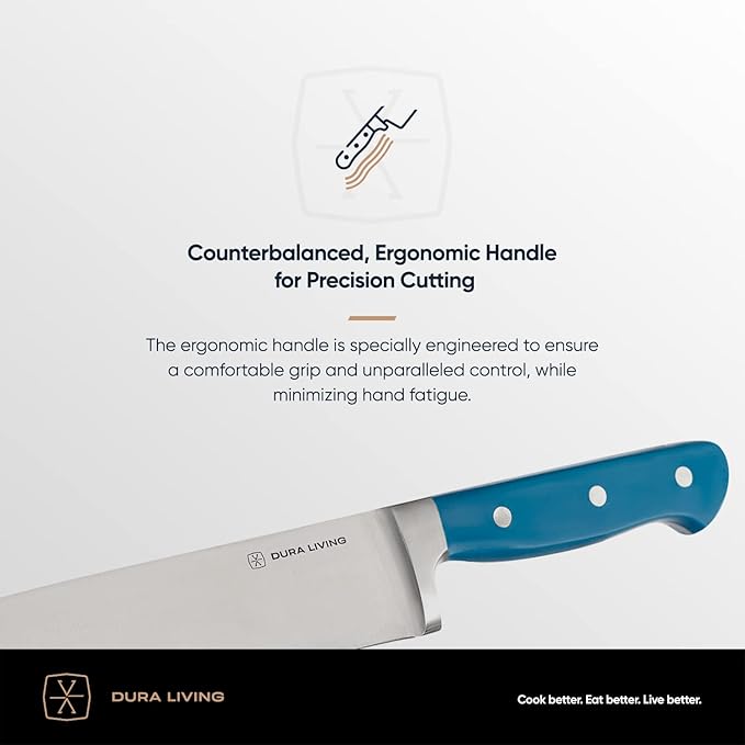DURA LIVING Premium 8-Piece Steak Knife Set – Sharp Serrated Blades, Forged High Carbon Stainless Steel, Full Tang, Ergonomic Handle, Royal Blue – Ideal for Dining & Entertaining