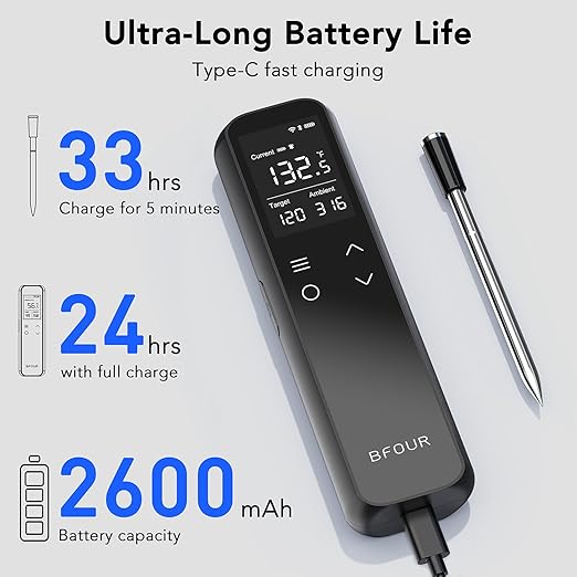 BFOUR WiFi Wireless Meat Thermometer with Standalone Base, 6 Precision Sensor, Waterproof and Heat Resistant, Intuitive Smart App, Bluetooth Meat Thermometer for Cooking, BBQ, Oven, Grill, Smoker