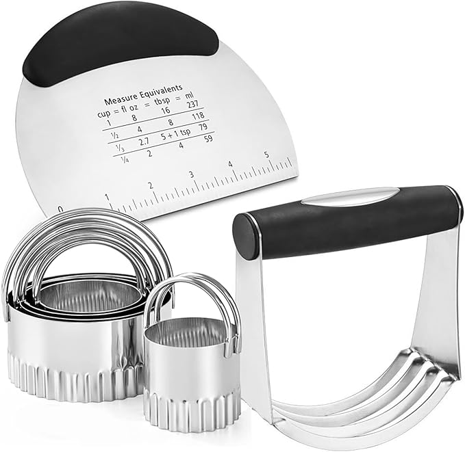 Stainless Steel Biscuit Cutter Set Pastry Scraper and Dough Blender Sturdy & Long-Lasting with Ergonomic Rubber Grip Professional Baking Dough Tools, Gift Package 4 Pcs/Set