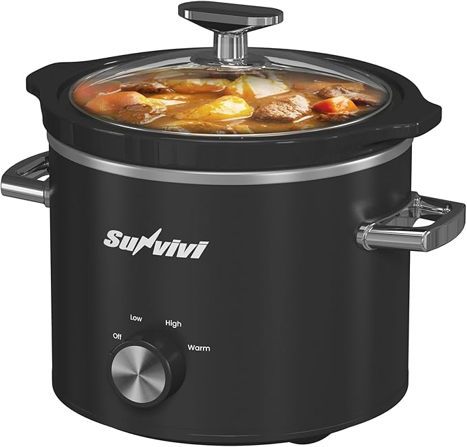 Sunvivi 2 Quart Slow Cooker, Small Slow Cooker with Removable Ceramic Pot, Food Warmer with 3 Heating Settings & Dishwasher Safe Glass Lid, Black