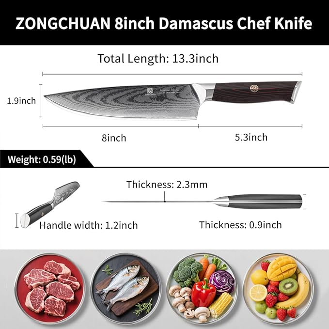 Chef Knife,8inch Damascus knife,67-Layer High Carbon Stainless Steel Kitchen Knife,Professiona Sharp Cutting Knives with Ergonomic G10 Red Black Handle,Gift Box for Home and Kitchen Birthday Gift