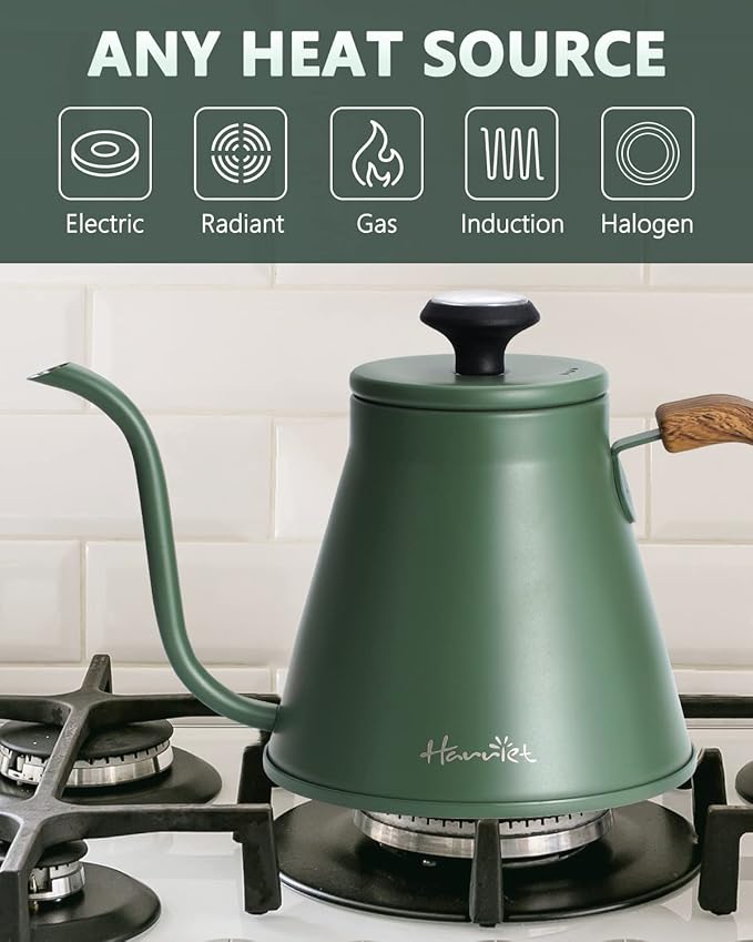Harriet Gooseneck Kettle with Thermometer for Pour Over Coffee and Tea, 37 fl oz, Stainless Steel, Durable 3-Layer Base, Ideal Spout for Precision Pouring, Compatible with all Stove Tops, Green