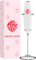 Peach Perfect Milk Frother Handheld, Electric Drink Mixer for Coffee, Lattes, Powdered Supplements, Battery Operated (AA) Stainless Steel Frother Wand, 300W, Easy On/Off Switch, Stand Included, White
