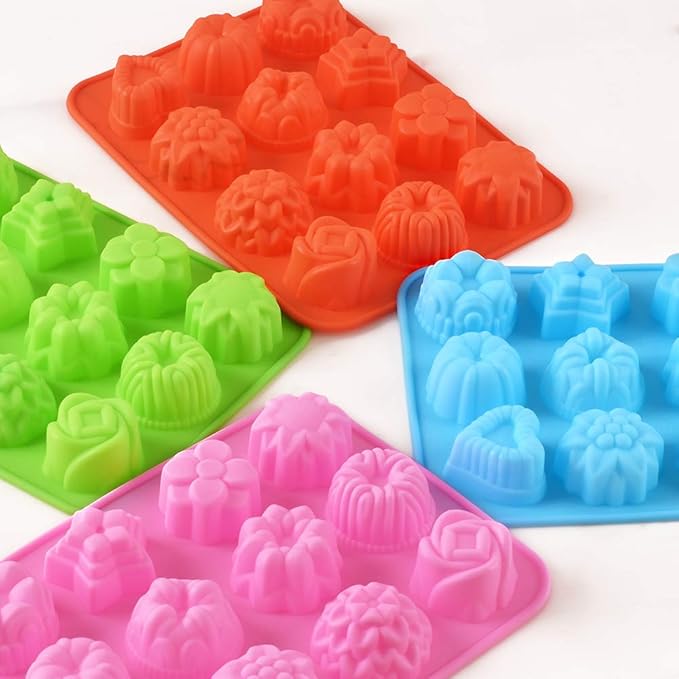 Newk Flower Heart Shape Chocolate Silicone Mold, 4 Packs 12 Cavity Candy Baking Mold for Parties, Festival and DIY Crafts - Green, Blue, Pink, Orange