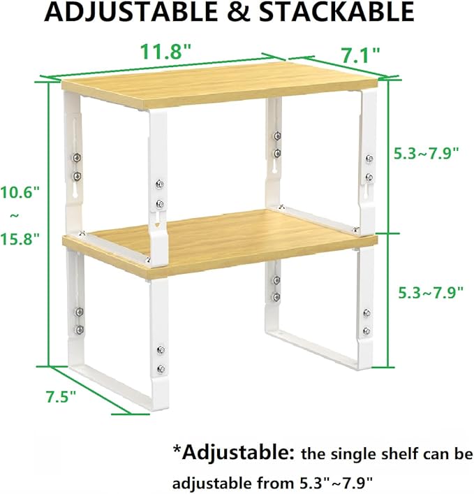 Kitchen Cabinet Organization Shelf，Set of 2 Height Adjustable Storage Racks，Stackable，Expandable，Countertop Shelves Organizer，Pantry Shelving