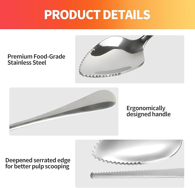 Grapefruit Spoon & Knife Set,Stainless Steel Grapefruit Spoon Utensil With Serrated Edge,Silver Kitchen Tool,Multi-Use for Citrus, Kiwi,Dessert, Avocado & More (3 PCS)