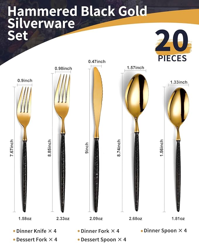 Lemeya 20-Piece Hammered Black Gold Silverware Set,18/10 Stainless Steel Forging Heavy Duty Cutlery Set for 4, Luxury Unique Flatware Set,Spoons and Forks Set,Mirror Polished,Dishwasher Safe