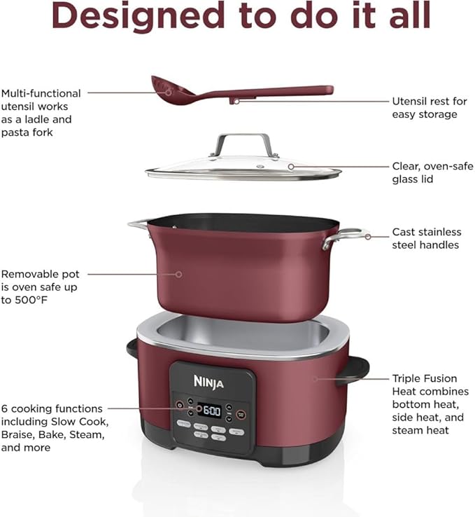 Ninja Foodi PossibleCooker PRO 14-in-1 8.5 Qt Multi-Cooker – Replaces 14 Tools, Nonstick Pot, Glass Lid & Integrated Spoon (Cherry Tarte)