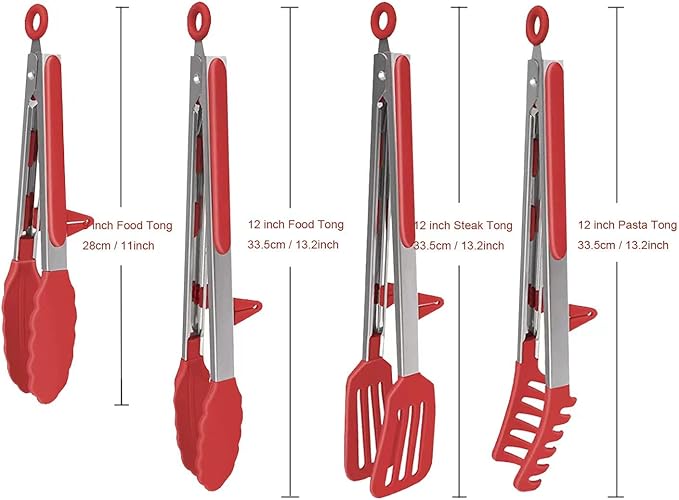 4 Pack Silicone Kitchen Cooking Tongs Set, Stainless Steel Nonstick Food Tong with BPA Free Silicone Tips for Serving Pasta Spaghetti Steak Pie Pizza Salad Vegetable Fruit Grilling BBQ Buffet 9" & 12"