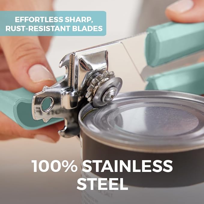 Kitchen Genie Heavy Duty Stainless Steel Manual Can Opener, Strong Blade for Smooth Edge Cuts, Open Cans Easily, Slip-Resistant Ergonomic Handle, Easy Turn Knob, Bottle Openers Included, Mint