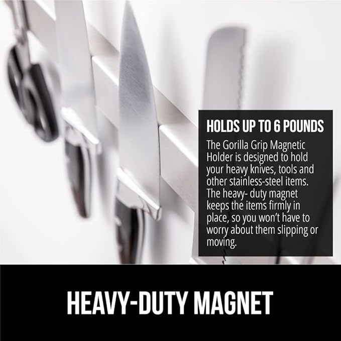 GORILLA GRIP Stainless Steel Magnetic Knife Holder for Wall, Multi-Purpose Magnet Bar for Knives, Tools, Art Supplies, Heavy Duty Strip Holds Up to 6 lbs, Kitchen Organizer, 12 Inch, Drilling Required