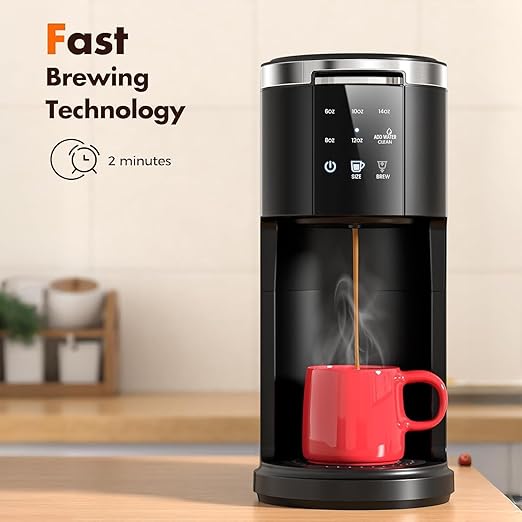 Single Serve Coffee Maker, 2 in 1 Coffee Machine for K-Cup & Ground Coffee, 6 to 14oz Brew Sizes, Pod Coffee Makers with 40oz Removable Water Reservoir, LCD Screen, Self-cleaning, for Home