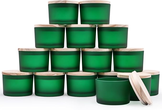SHOWIN Thick Candle Jars for Making Candles 16 Pcs, 4 OZ Empty Jars with Wood Lids for Candle Making, Sample Container - Dishwasher Safe, Frosted Green