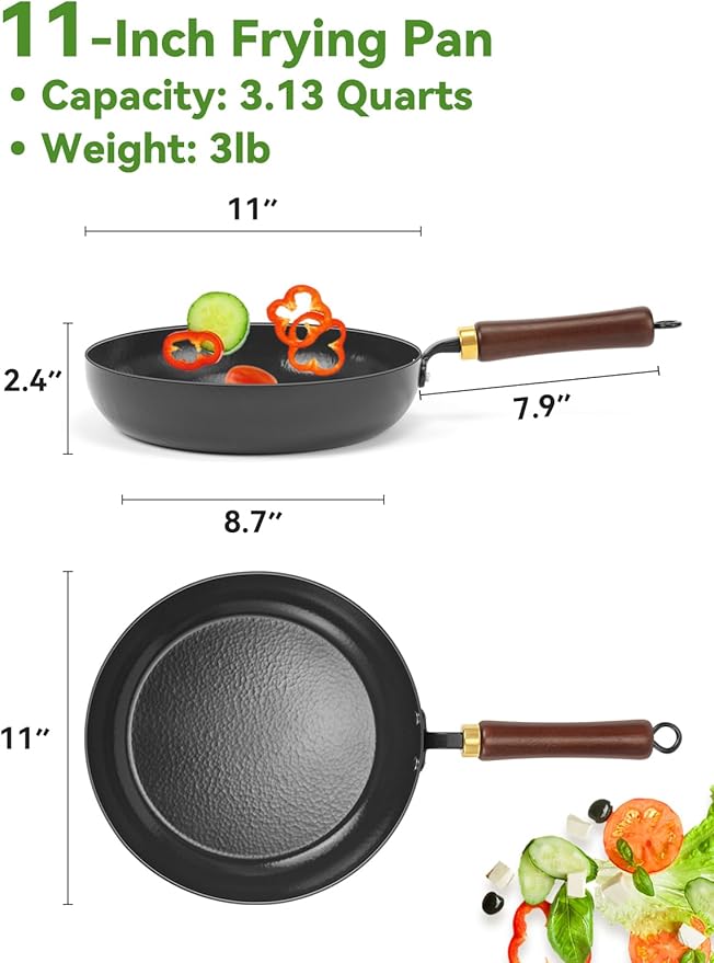 Carbon Steel Skillet, 11-Inch Nonstick Frying Pan, Stay-Cool Wooden Handle, Non Toxic, PTFE & PFOA Free Oven-Safe, Season-Free Enameled Carbon Steel Pan
