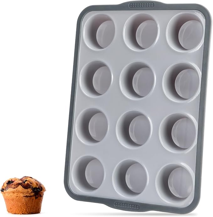 Aichoof Non-Stick Silicone Muffin Pan With Reinforced Stainless Steel Frame Inside,12 Cup Regular Muffin Baking Mold, 12 Cup Muffin Tin, BPA Free,Dishwasher Safe, Gray