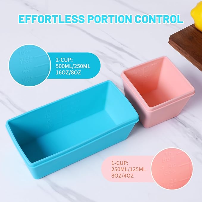 Gemice BPA-Free Silicone Freezer Molds with Base, Individual 6-Pack 1-Cup & 2-Cup Portion Soup Cubes Freezer Tray with Lids for Food Storage, Dishwasher Safe, Silicone Freezer Containers for Meal Prep
