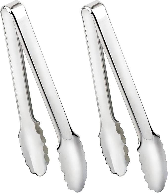 2 Pack Serving Tongs Serving Utensils Salad Tongs Metal Buffet Tongs Non-slip & Easy Grip Stainless Steel Plated Buffet Serving Tongs, Salad, Ice, Oven (9.5 Inch) (Silver)