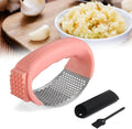 Garlic Press Rocker Stainless Steel, Garlic Crusher with Peeler & Cleaning Brush, Easy to Use Garlic Mincer for Kitchen Cooking, Ergonomic Garlic Chopper Tool, Durable Garlic Presser Gadget (Pink)