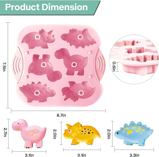 2-Pack Silicone Dinosaur Mold, Multi-Purpose Dinosaur Jello Molds Silicone for Kids, Perfect Dinosaur Soap Mold, Dinosaur Baking & Crafting Tool for Chocolate, Candy, Jello, Ice Cubes