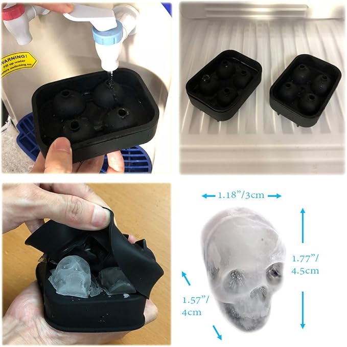 3D Skull Ice Mold (Pack of 2) Easy Release Silicone Mold,8 Cute and Funny Ice Skull for Whiskey,Cocktails and Juice Beverages,Black