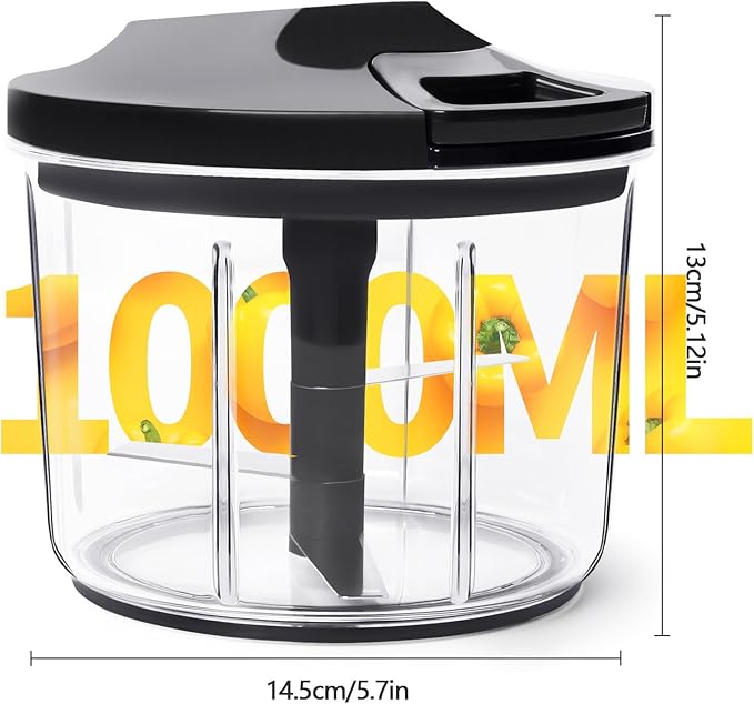 LHS Manual Food Processor Large Vegetable Chopper, 1000ML Pull String Chopper Garlic Mincer Onion Cutter for Veggies,Salad,Fruits, Nuts, BPA Free, Black