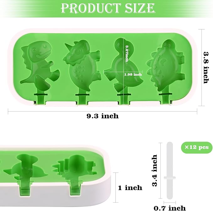Sakolla 2 Pack Silicone Popsicle Molds with Sticks & Lid, 4-Cavity Mini Popsicle Molds for Kids - Cars, Ships, Train, Rocket and Dino Shapes (Green & Blue)