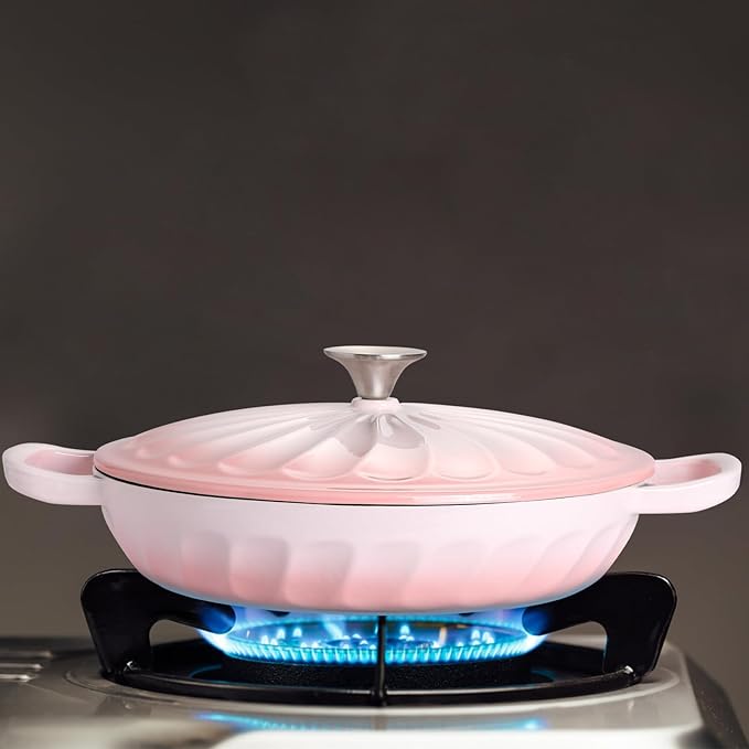 Enameled Cast Iron Braiser, 3.8 Quart Enamel Dutch Oven with Handles, Cast Iron Braiser Pan with Lid,Enameled Cookware (Pink)