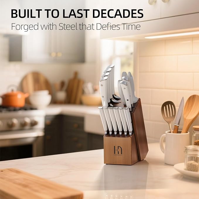 Knife Set, Premium 15 Piece Japanese High Carbon Stainless Steel Knives Set for Kitchen with Block and Sharpener, Razor Sharp Kitchen Knife Block Sets with Ergonomic Full-tang Handle, White