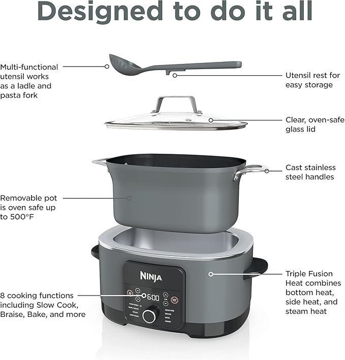 Ninja Foodi PossibleCooker PRO 14-in-1 8.5 Qt Multi-Cooker – Replaces 14 Tools, Nonstick Pot, Glass Lid & Integrated Spoon (Gray)